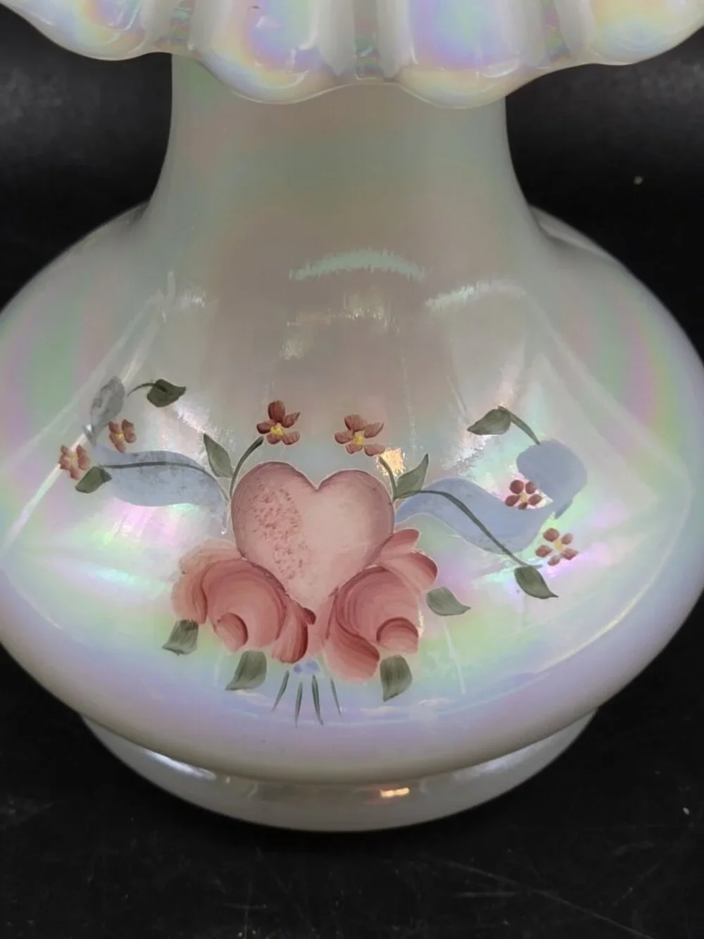 Vintage Fenton White Iridescent Jack in the Pulpit Ruffled Vase Signed, Numbered